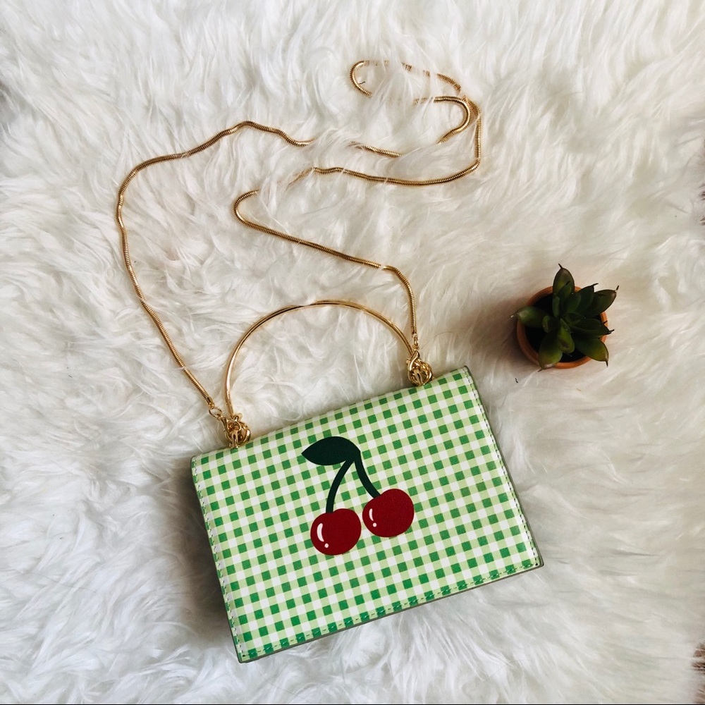 Green gingham crossbody with cherry 🍒 print